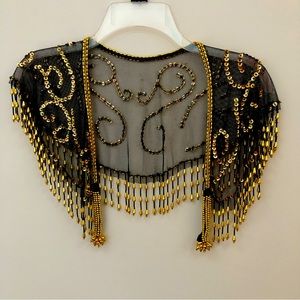 Black Lace Shawl with Gold Colored Metal Beading